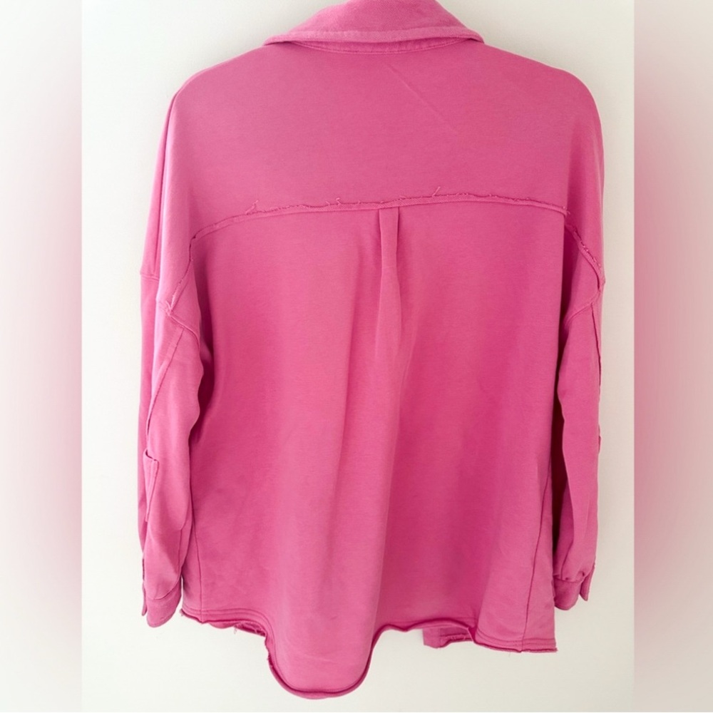 Pink Oversized Button-Up Distressed Shirt Jacket/ Shacket - Picture 3 of 9